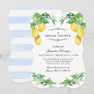 Modern Lemon Floral Elegant Blue Bridal Shower Kaart