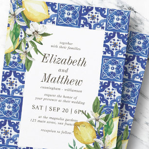 Modern Lemon Foliage Blue Mediterranean Wedding Kaart