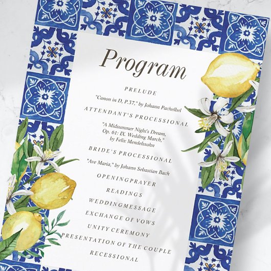 Modern Lemon Foliage Blue Mediterranean Wedding Programma