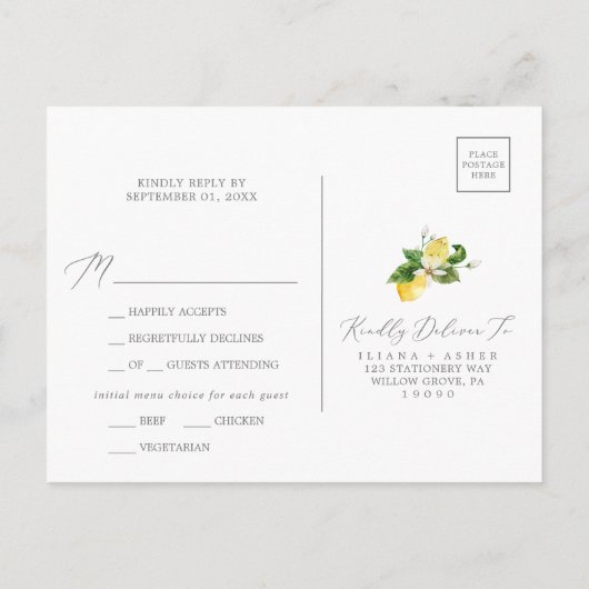 Modern Lemon Garden Menu RSVP Briefkaart (Achterkant)