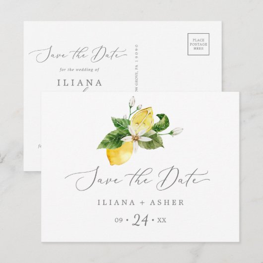 Modern Lemon Garden Save the Date Briefkaart (Voorkant / Achterkant)