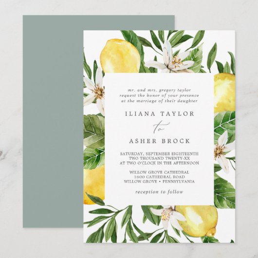 Modern Lemon Garden Wedding Invitation Kaart (Voorkant / Achterkant)