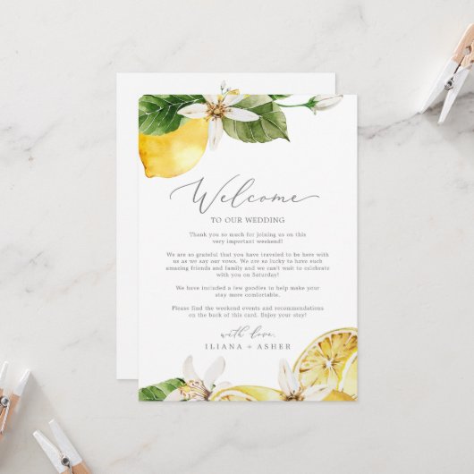 Modern Lemon Wedding Welcome Letter & Itinerary (Voorkant / Achterkant in situ)