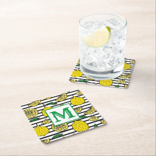 Modern Lemon Zwart & Wit Patroon Monogram Vierkante Kartonnen Onderzetter