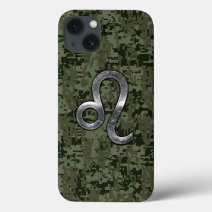Modern Leo Zodiac Sign on Green Digital Camo iPhone 13 Hoesje