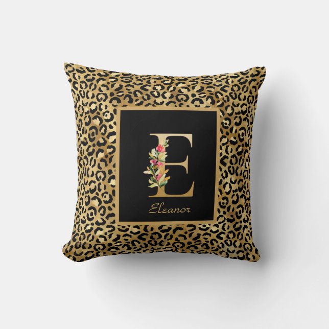 Modern Leopard gepersonaliseerd Monogram E-Initiaa Kussen (Voorkant)
