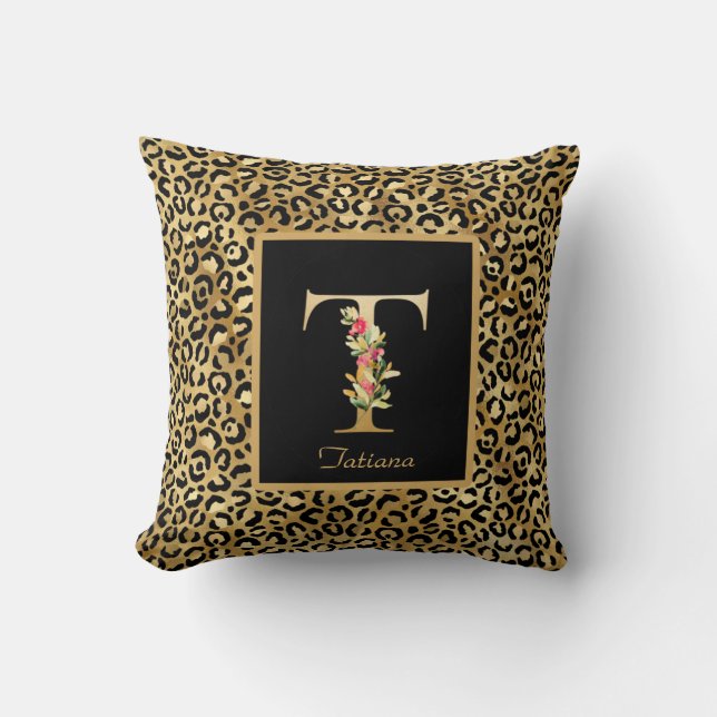 Modern Leopard gepersonaliseerd Monogram T-Initiaa Kussen (Voorkant)