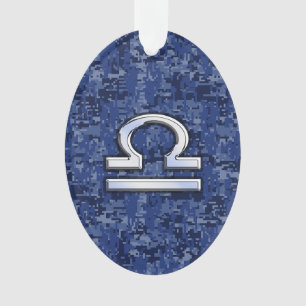 Modern Libra Zodiac Sign on blue digital camo Ornament