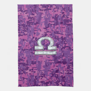 Modern Libra Zodiac Symbol on Fuchsia Digital Camo Theedoek