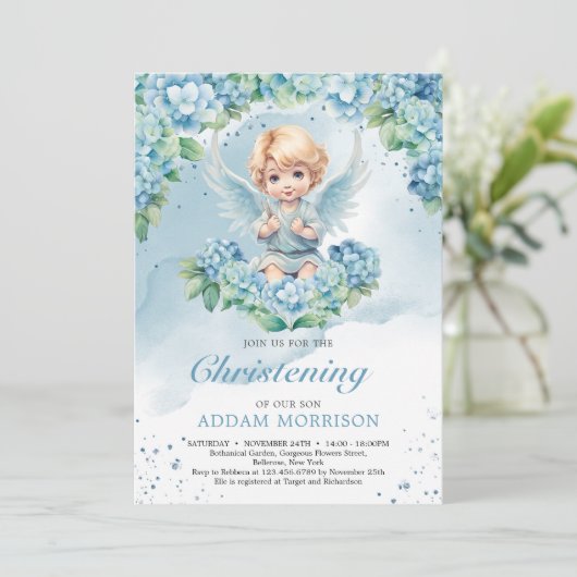 Modern Licht pastel blauw hortensia jongen engel Kaart (Staand voorkant)