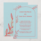 Modern lichtblauw en koraalblad bruiloft kaart (Voorkant / Achterkant)