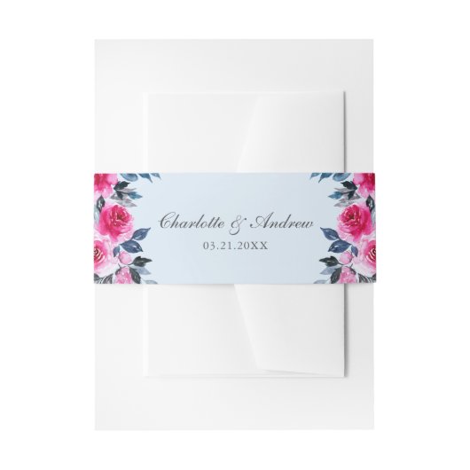 Modern Lichtblauw Waterverf Roze Rozen Bruiloft Uitnodigingen Wikkel (Voorkant Voorbeeld)
