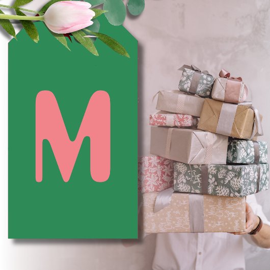 Modern Lichtroze Initiaal Letter | Zeewier groen Cadeaulabel