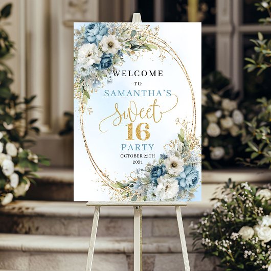 Modern Light Blue Flowers Sweet 16 Welcome Poster