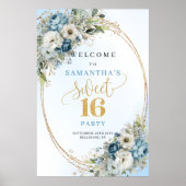 Modern Light Blue Flowers Sweet 16 Welcome Poster (Devant)