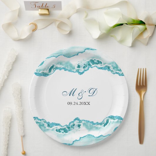 Modern Light Blue Marble Wedding Papieren Bordje (Huwelijk)