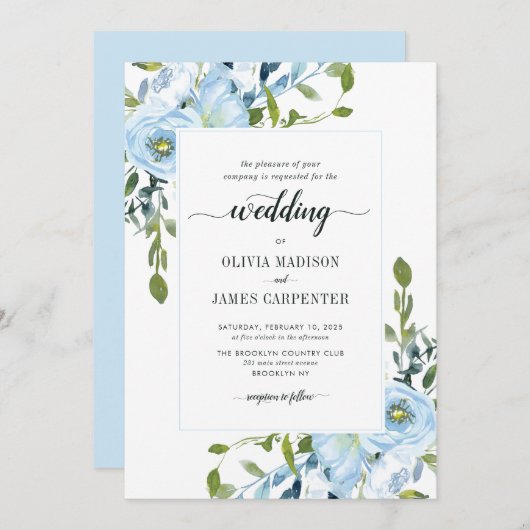 Modern Light Blue Navy Botanical Floral Wedding Kaart (Voorkant / Achterkant)