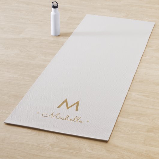 Modern Light Gray Gold Script Monogram Yogamat (In situ)