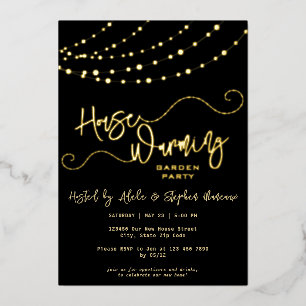 Modern Light String Script Housewarming Party Goud Folie Uitnodiging