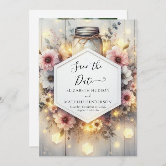 Modern Lights Mason Jar Wedding Save The Date (Voorkant / Achterkant)