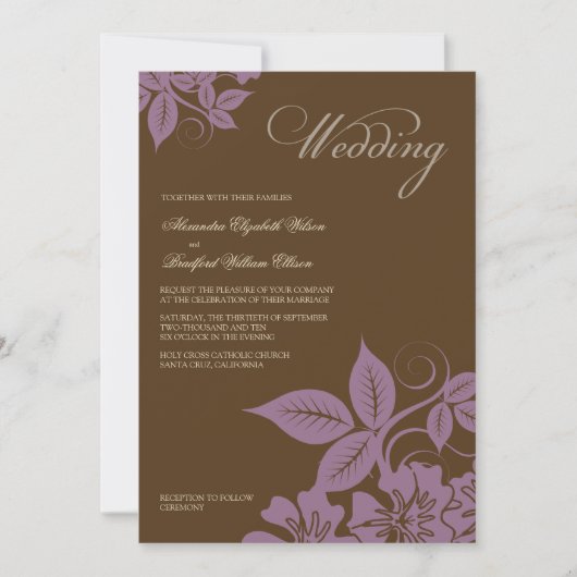 Modern Lilac/Brown Floral Wedding Invitation (Devant)