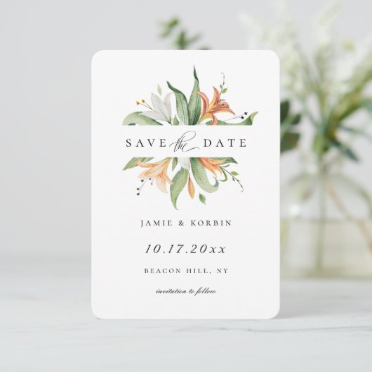 Modern Lily Botanical Floral redt de datum Aankondiging (Staand voorkant)