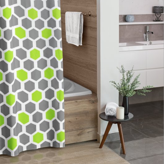 Modern Lime Green Grey Hexagon Geometric Douchegordijn