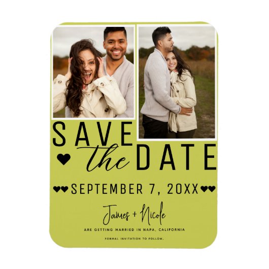 Modern Lime Green Save the Date 2 Foto Bruiloft Magneet (Verticaal)