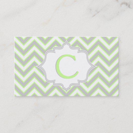 Modern lime groen, grijs chevron monogram visitekaartje (Voorkant)