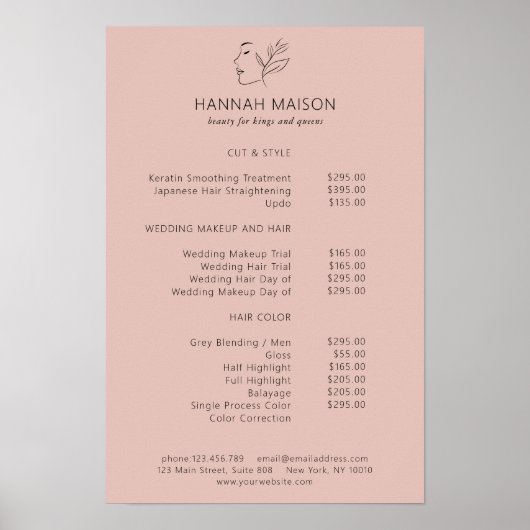 Modern, Line Art, Vrouw, Blad, Salon, Prijslijst Poster (Voorkant)