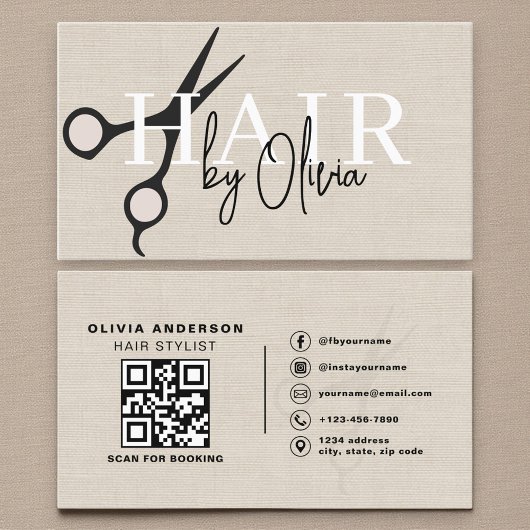 Modern Linen Scissors QR Code Hair Stylist  Visitekaartje