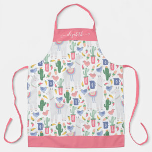 Modern Llama Cactus Blush Pink Girly Script Naam Schort