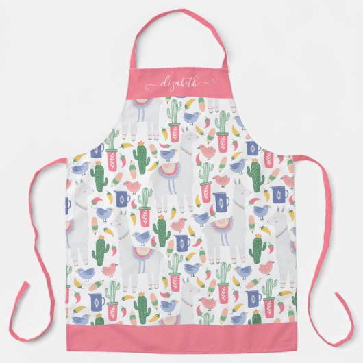 Modern Llama Cactus Blush Pink Girly Script Naam Schort (Voorkant)