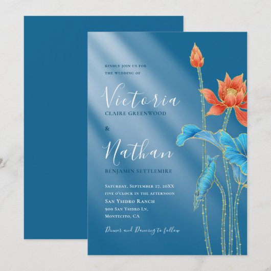 Modern Lotus Flowers Blue Wedding Uitnodiging (Voorkant / Achterkant)