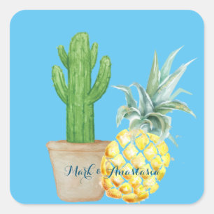Modern Love Blue Pineapple and Cactus Vierkante Sticker