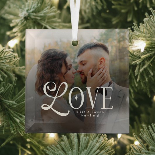 Modern Love Custom Wedding Photo Couples Monogram Glas Ornament (Insitu)