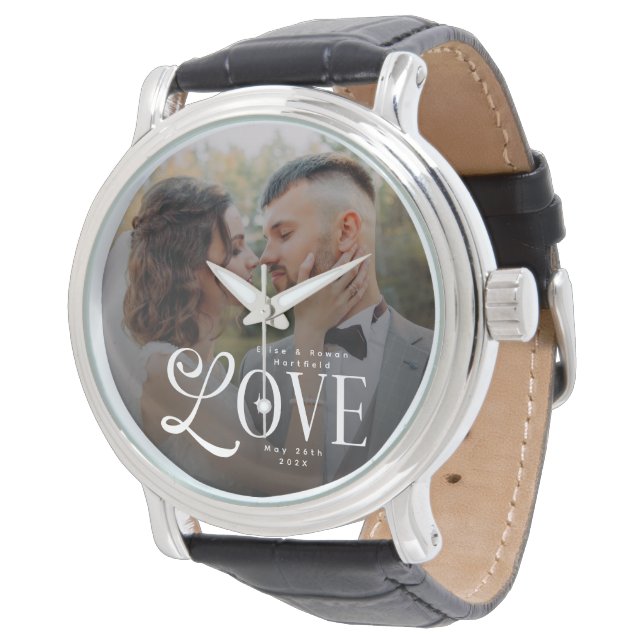 Modern Love Custom Wedding Photo Couples Monogram Horloge (Gekanteld)