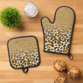 Modern luipaard patroon gouden glitter ombre ovenwant & pannenlap set (Top down)