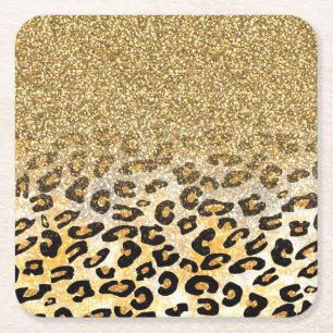 Modern luipaard patroon gouden glitter ombre vierkante kartonnen onderzetter