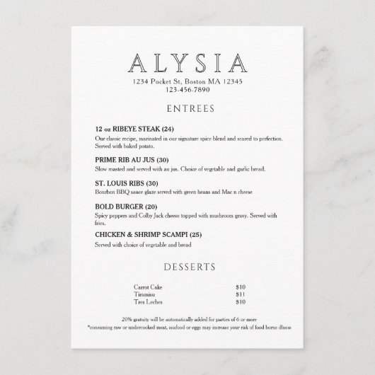 Modern Luxe Botanisch Restaurant Menu (Voorkant)