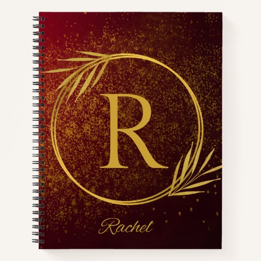 Modern Luxe Deep Red & Gold Custom Naam & Initiaal Notitieboek (Voorkant)