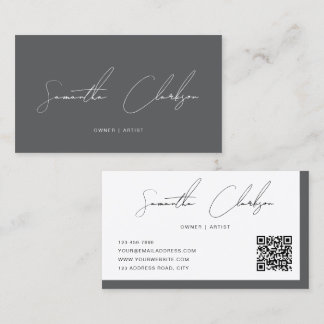 Modern Luxe Donkergrijs Handgeschreven Script QR-c Visitekaartje