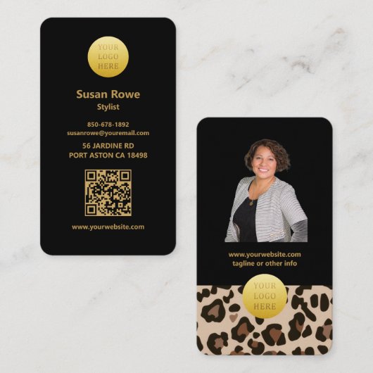Modern Luxe Glam Leopard Pattern Black QR Code Visitekaartje (Voorkant / Achterkant)