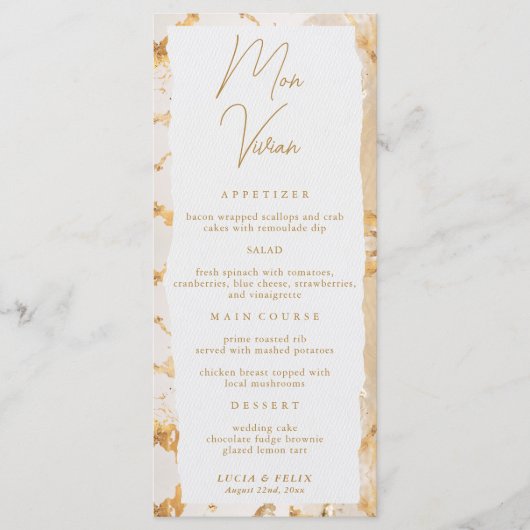 Modern Luxe Goud Abstract Bruiloft Menu Kaart (Voorkant)