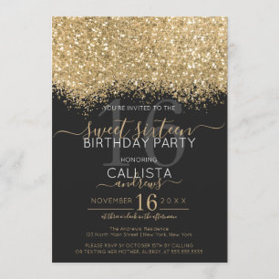 Modern Luxe Goud Zwart Glitter Confetti Sweet 16 Kaart