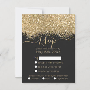Modern Luxury Gold Black Glitter Confetti Wedding RSVP Kaartje