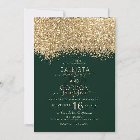 Modern Luxury Gold Green Glitter Confetti Wedding Kaart (Voorkant)