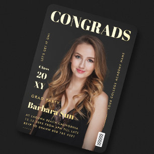 Modern Magazine Zwart en Goud Afstudeerfeest Folie Uitnodiging