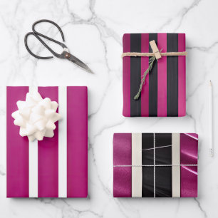 Modern Magenta Black White Bold Stripes Inpakpapier Vel