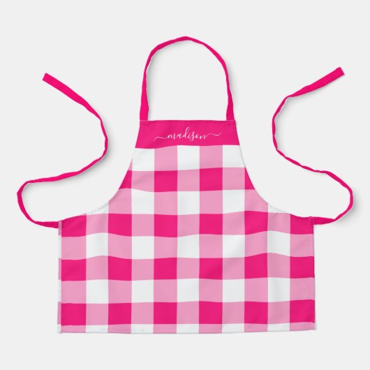 Modern magenta gingham script naam schort (Voorkant)